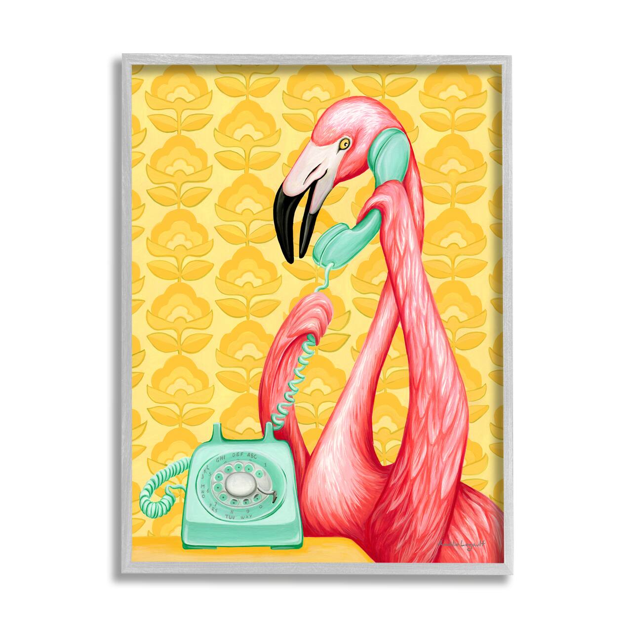 Stupell Industries Flamingo Calling Dial Telephone Groovy Flowers Framed Giclee Art